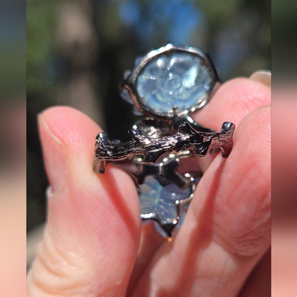 Aquamarine Butterfly & Flower Sterling Rhodium & Gold Ring Sz9 Adjustable - Picture 12 of 13